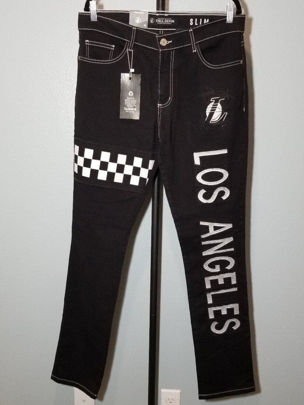 FISLL NBA Mens 34x34 Los Angeles Lakers Denim Jeans Checkered Pattern Black NWT